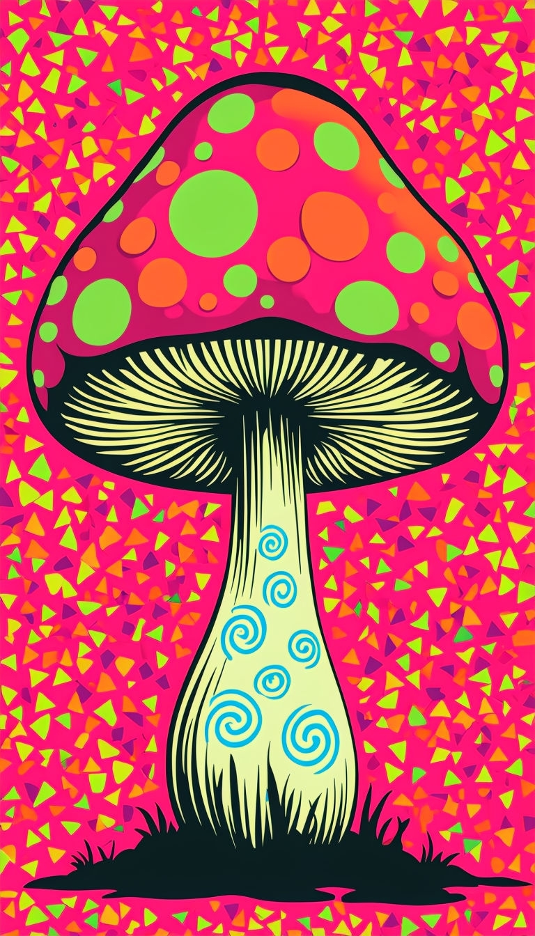 Whimsical Colorful Mushroom Illustration with Confetti Background Mobile Wallpaper