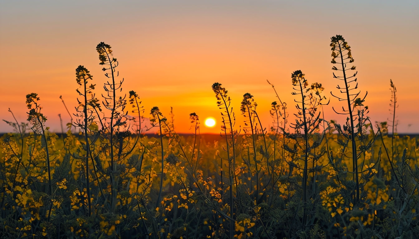 Serene Sunset Over Mustard Yellow Flower Field Background for Virtual Backgrounds