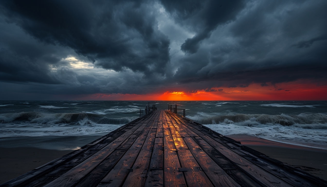 Dramatic Ocean Sunset Pier Landscape with Stormy Sky Virtual Background
