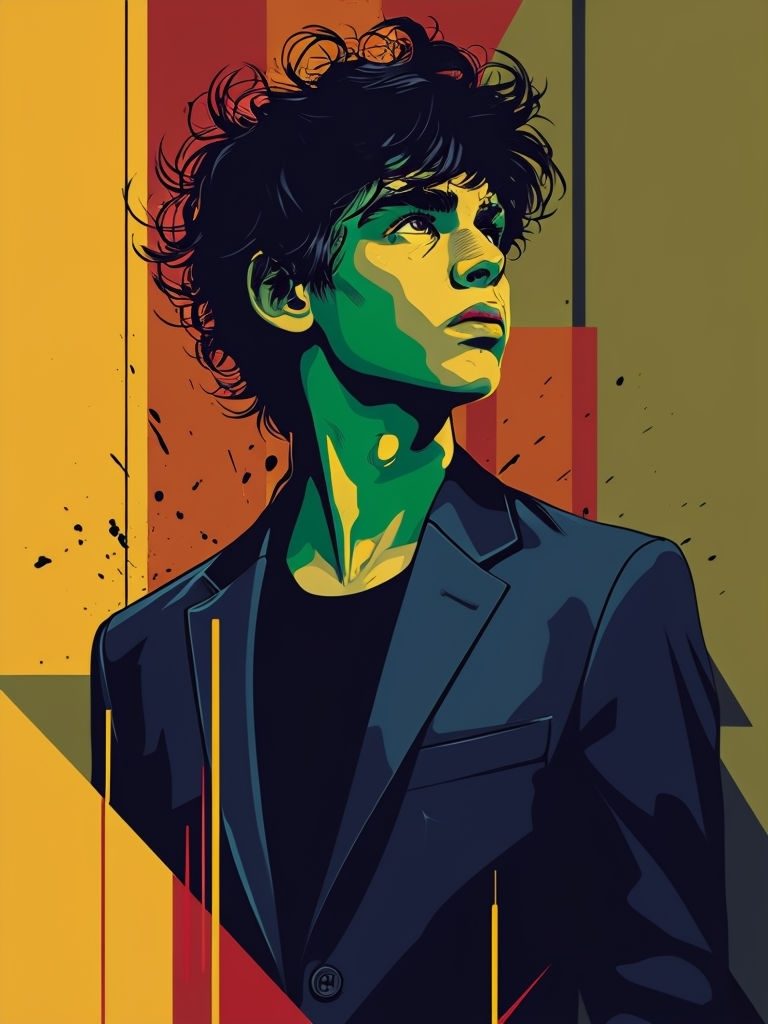 Vivid Teal Green Pop-Art Portrait of a Young Person Illustration Art