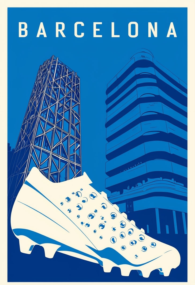 Minimalist Barcelona Landmarks Illustration with Football Shoe Poster