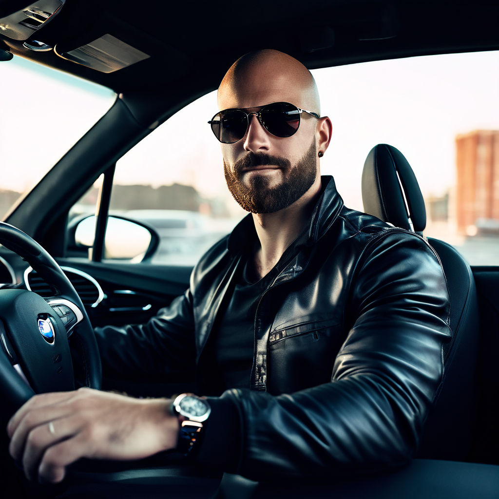 Young Hot white bald man with a beard driving a black bmw co... by Bla ...