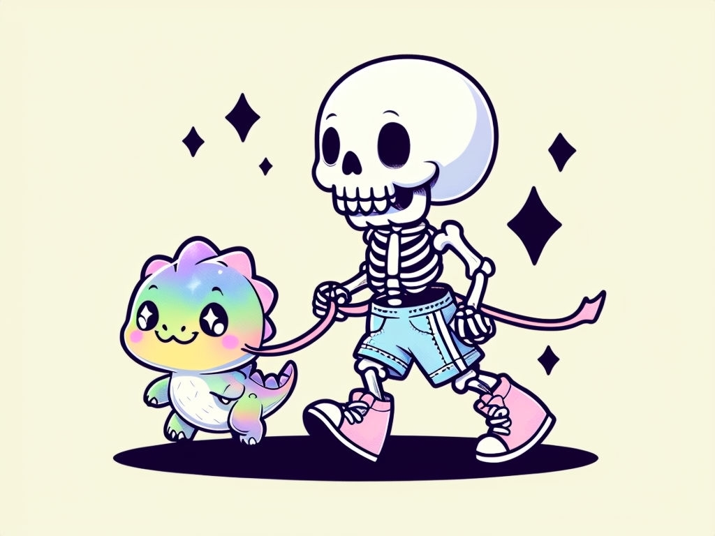 Cheerful Skeleton Walking Pastel Dinosaur Cartoon T-Shirt