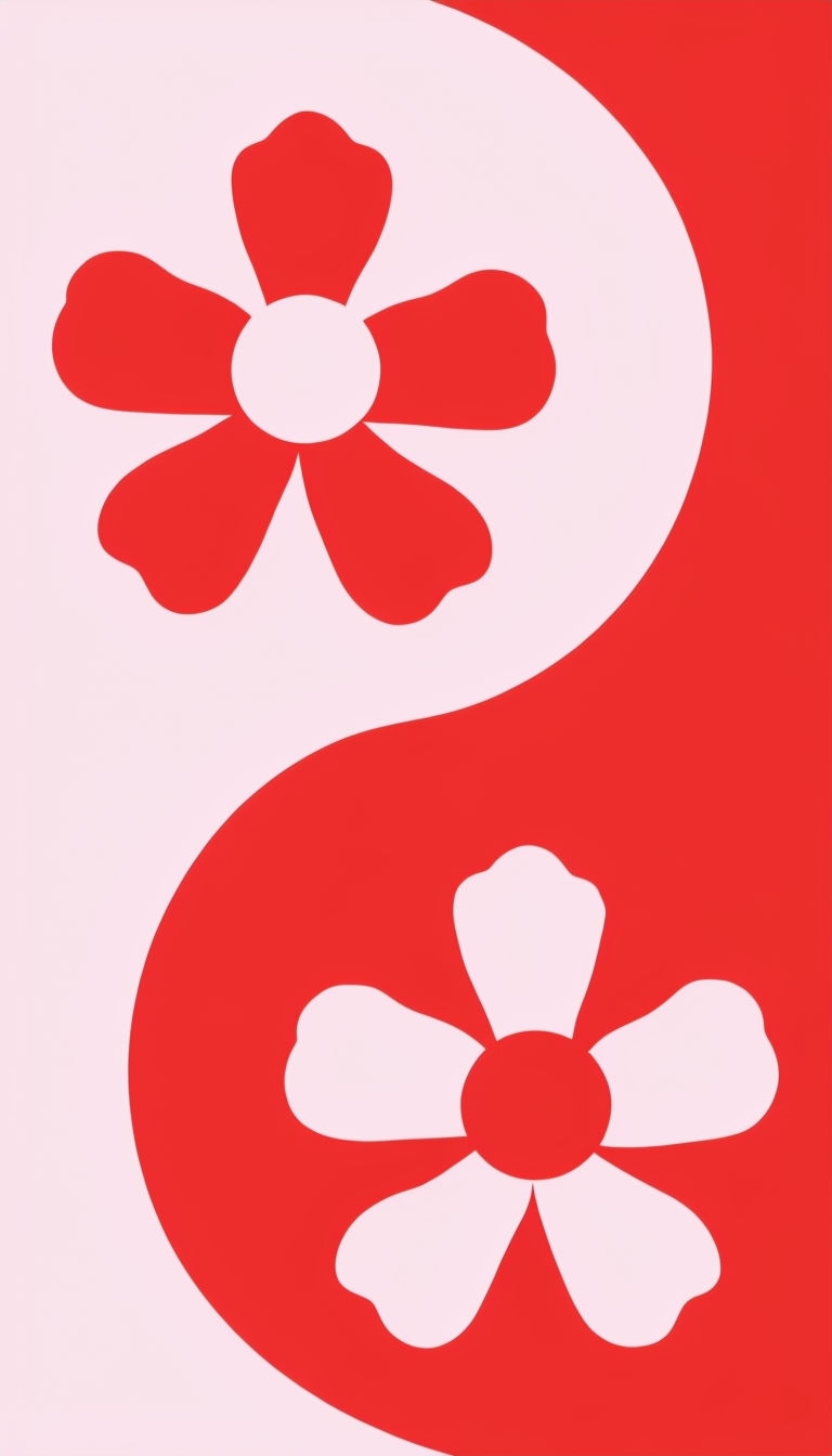 Minimalist Red Flowers in Yin-Yang Design Mobile Wallpaper