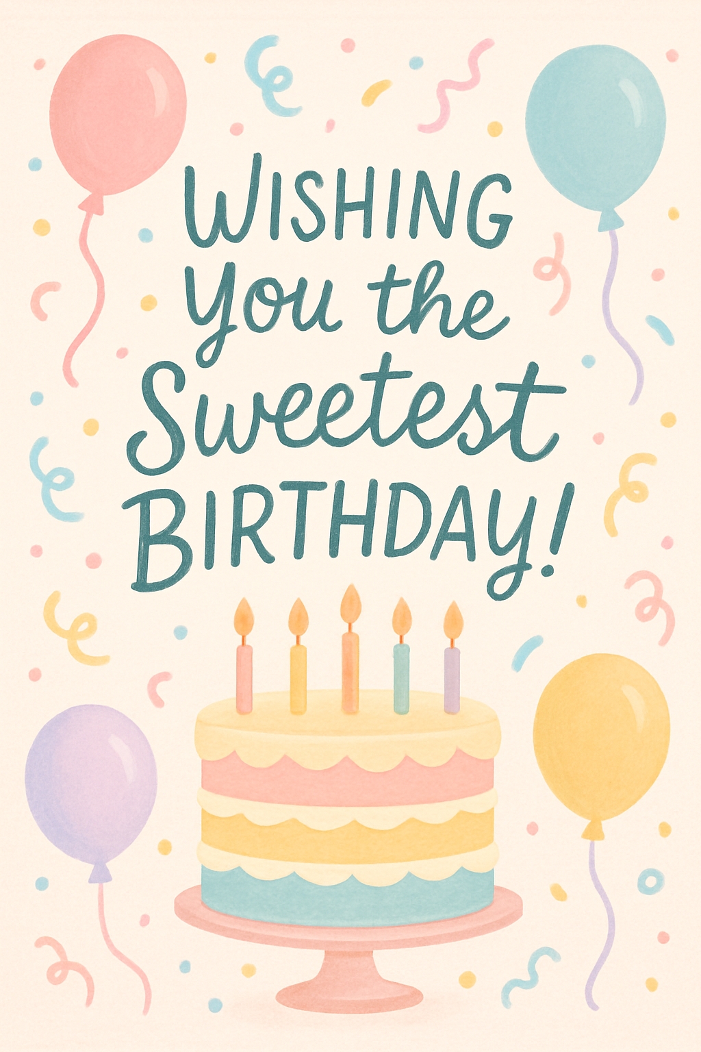 Colorful Pastel Birthday Cake Card with Candles and Balloons Design Cards & Invites
