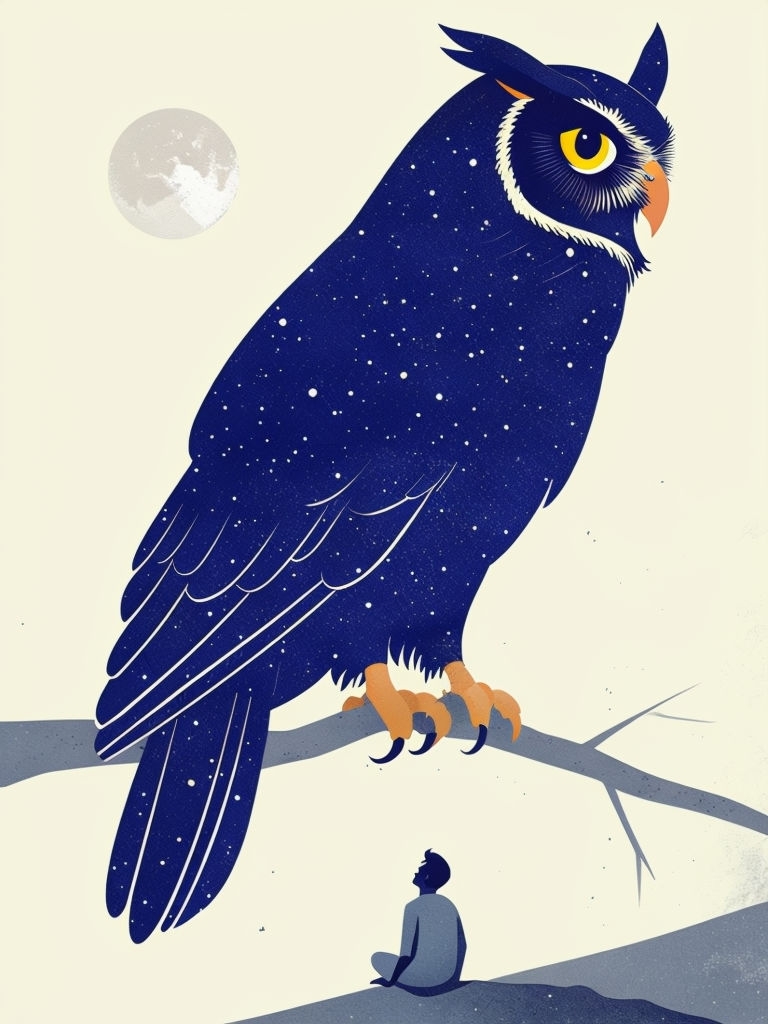 Majestic Owl Perched Under Night Sky with Tiny Human Figure Art
