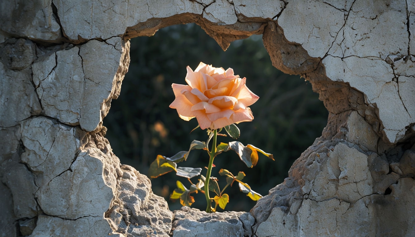 Peach Rose Blooming Through Cracked Stone Wall Background Virtual Backgrounds