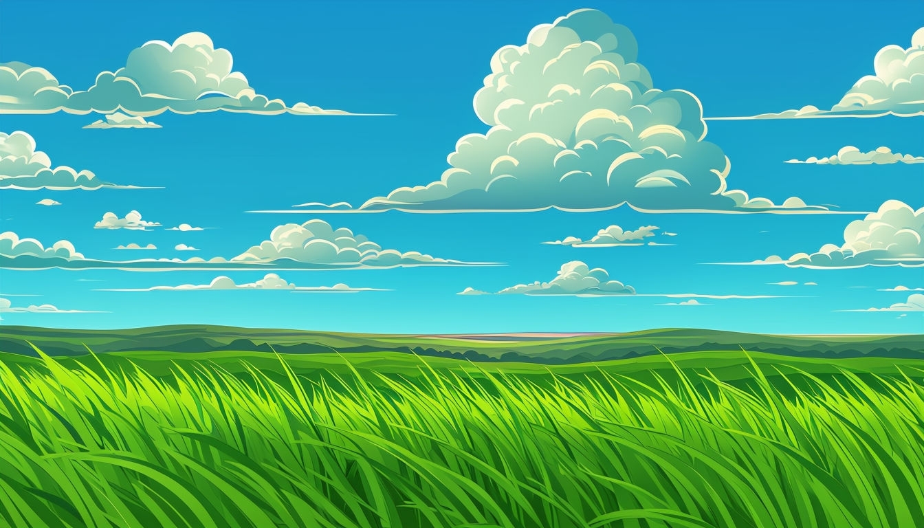 Tranquil Serene Landscape with Lush Grass and Fluffy Clouds Virtual Background