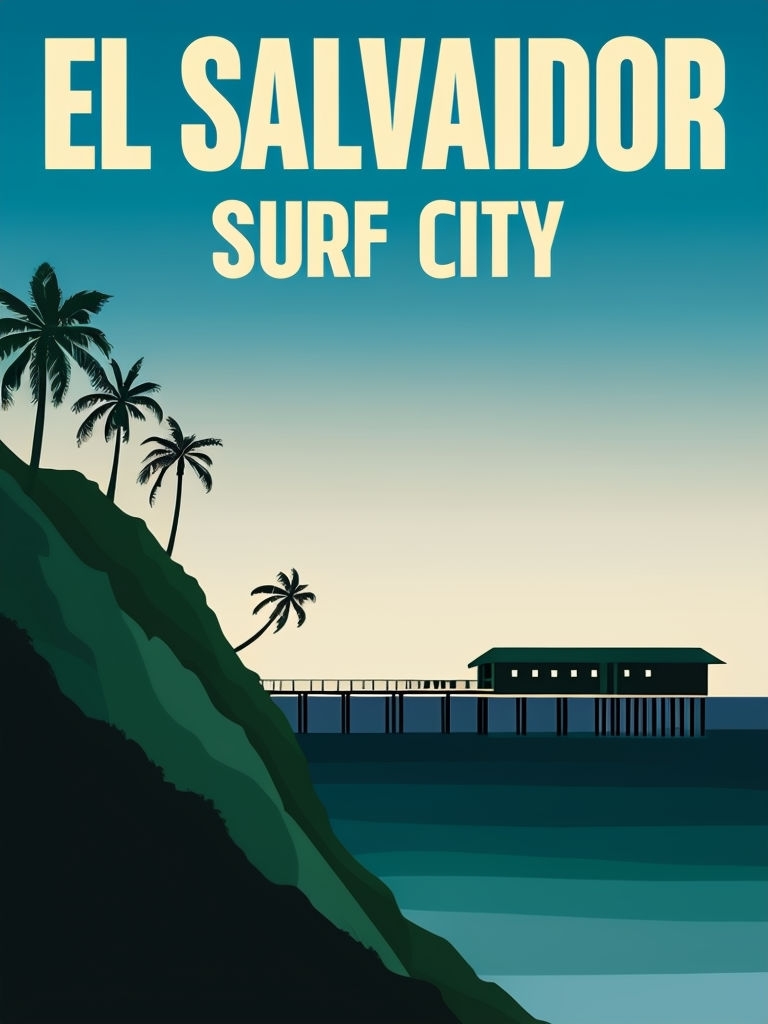 Minimalist El Salvador Surf City Travel Poster Design