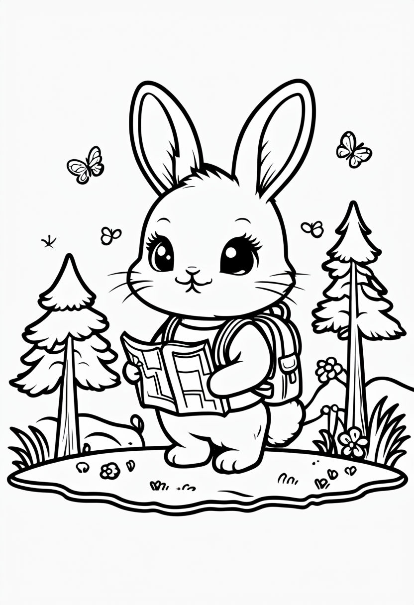 Kawaii Cartoon Rabbit Adventure Coloring Book Page