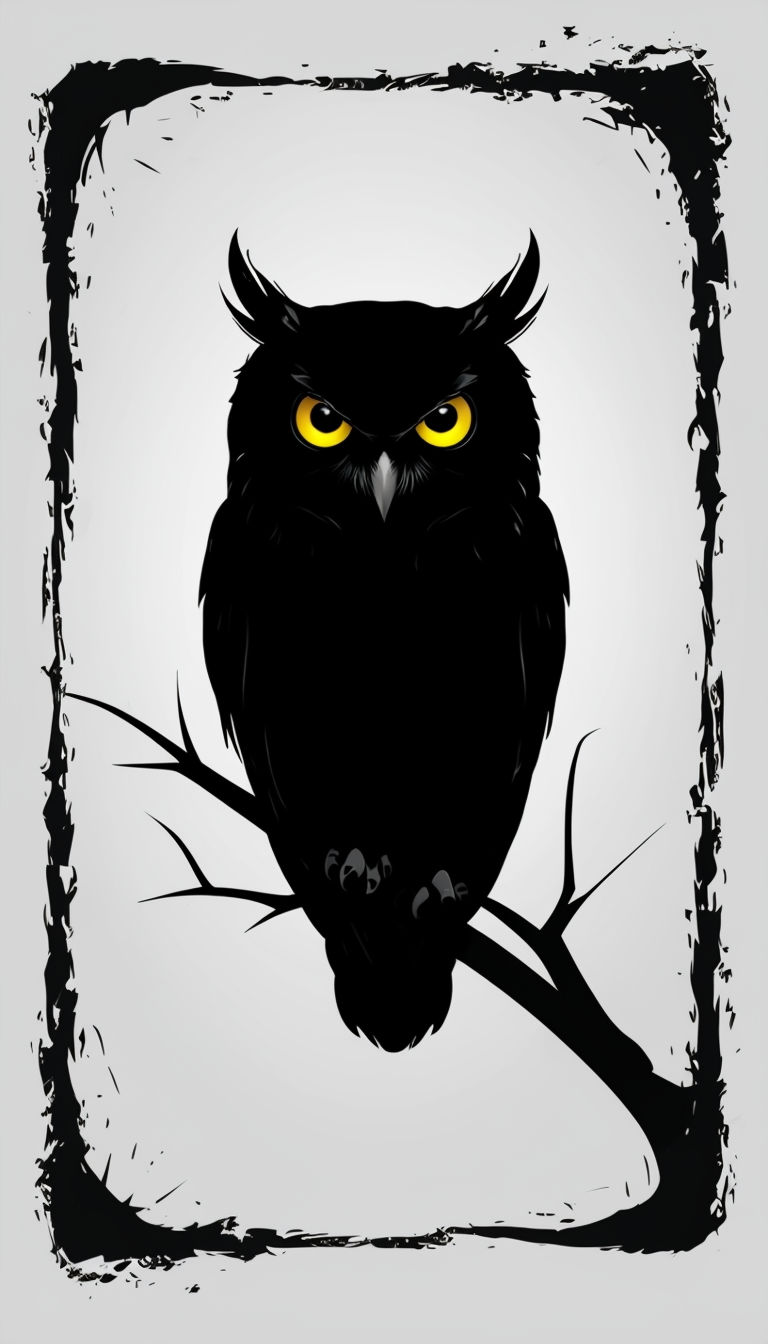 Mystical Black Owl with Glowing Eyes Illustration Art