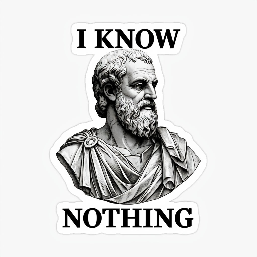 Grayscale Socrates Illustration with 'I Know Nothing' Text Sticker