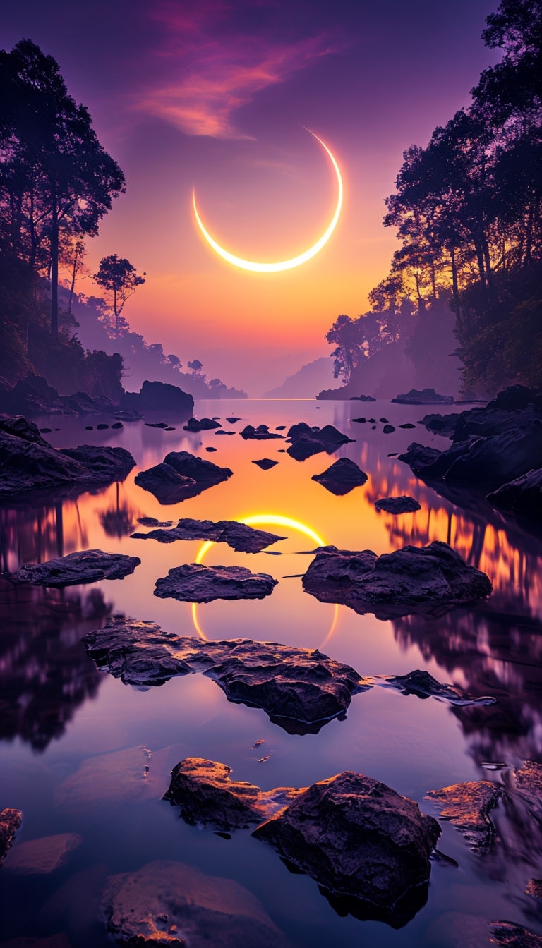 Tranquil Crescent Sun Reflection in Serene Landscape Mobile Wallpaper