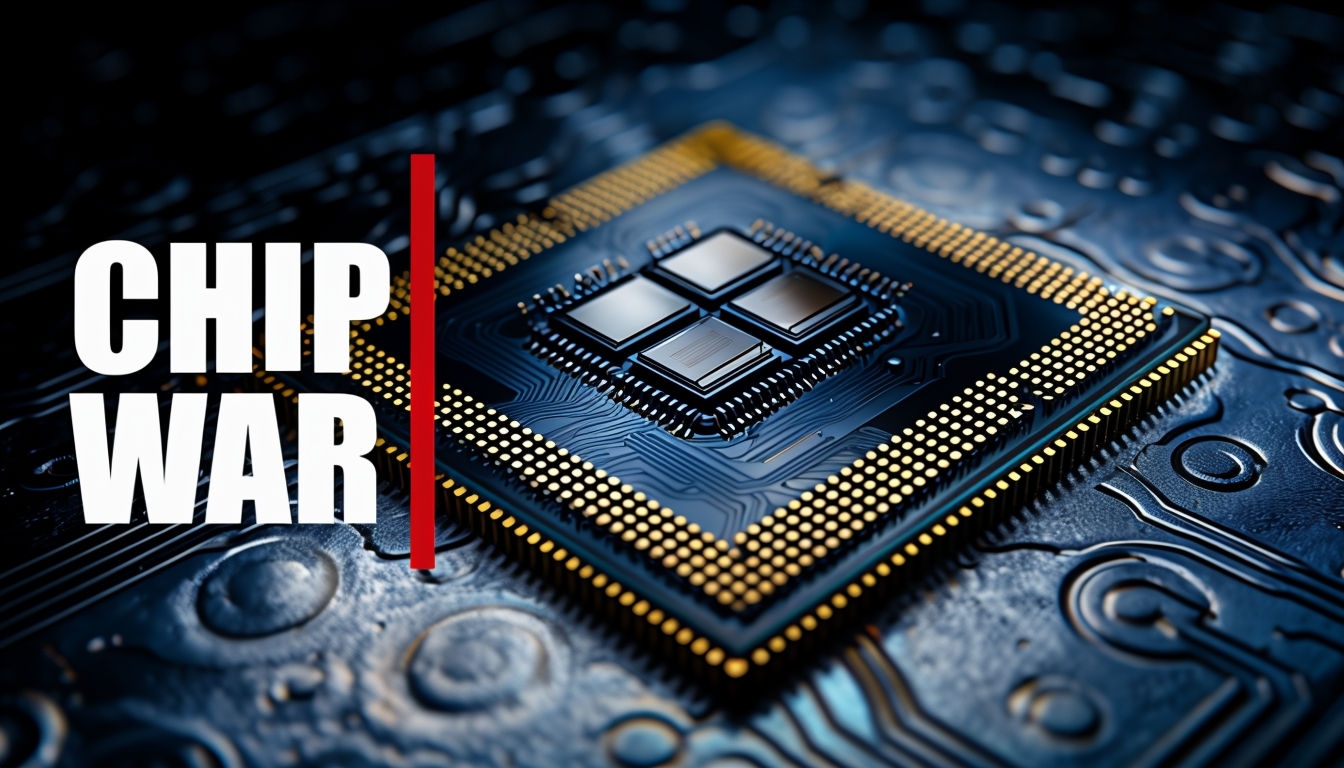 Intricate Macro Photograph of CPU Chip with Chip War Text Social Media Post