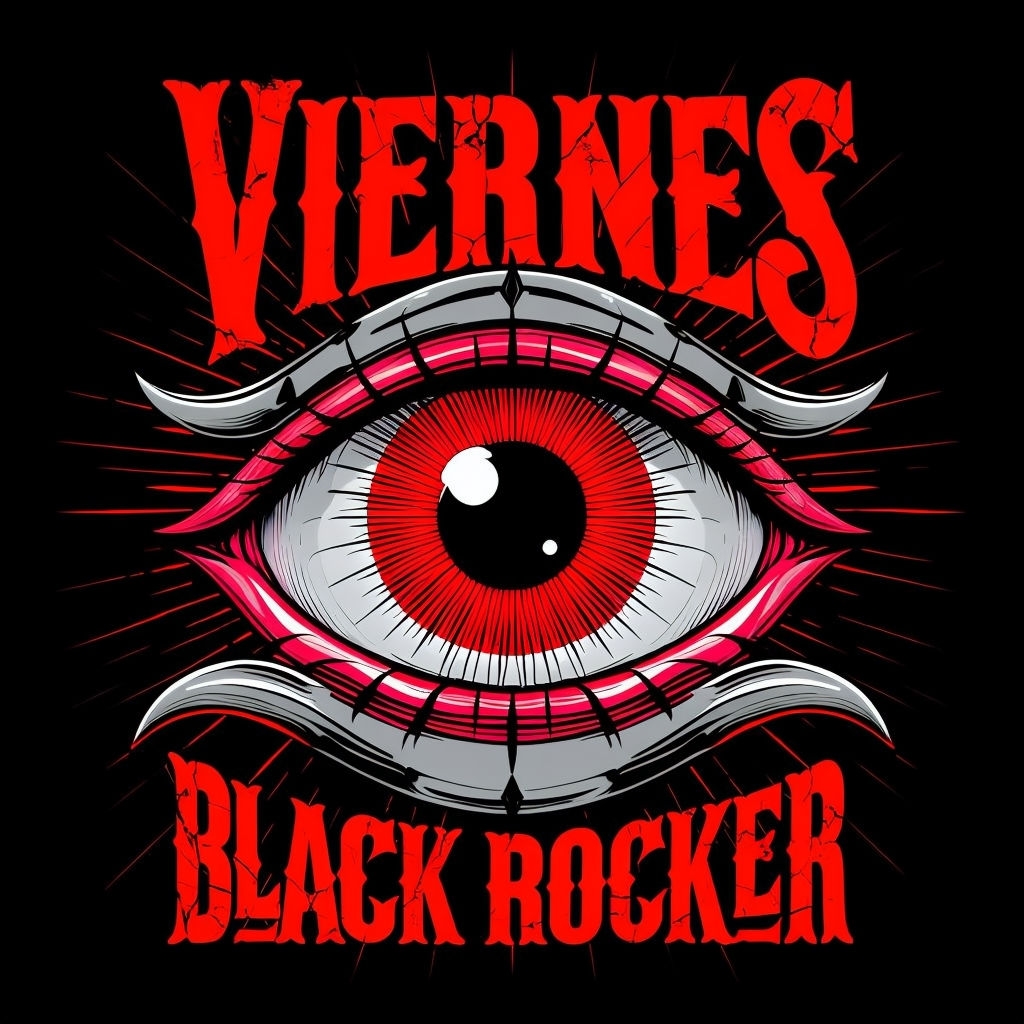 Striking Eye with Horns and VIERNES Black Rocker T-Shirt