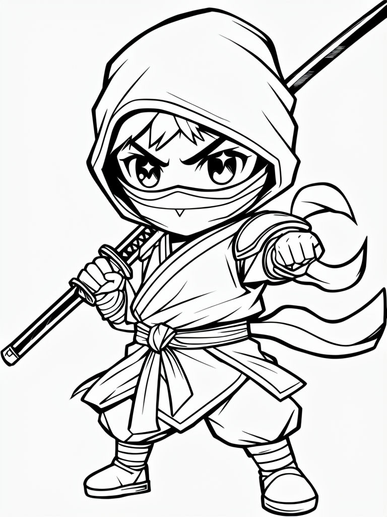 Chibi Ninja Character in Action Pose Black and White Drawing Coloring Book Pages