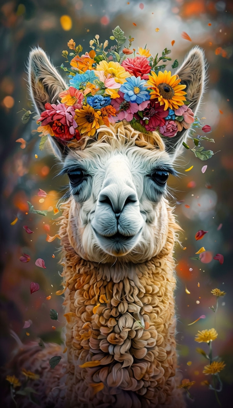 Whimsical Llama with Floral Crown and Dreamy Background Art