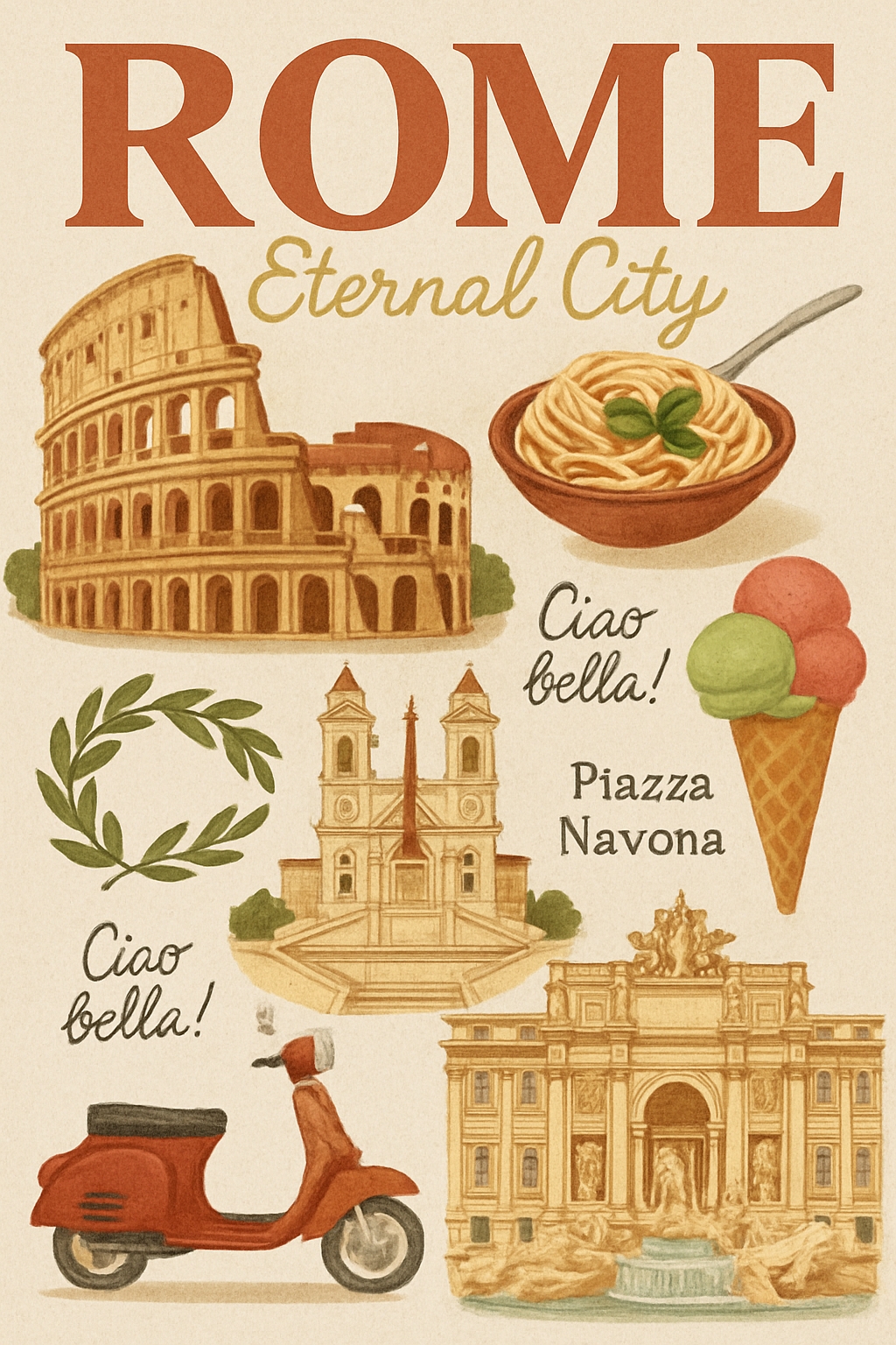 Vintage Rome Landmarks and Culture Illustration Poster