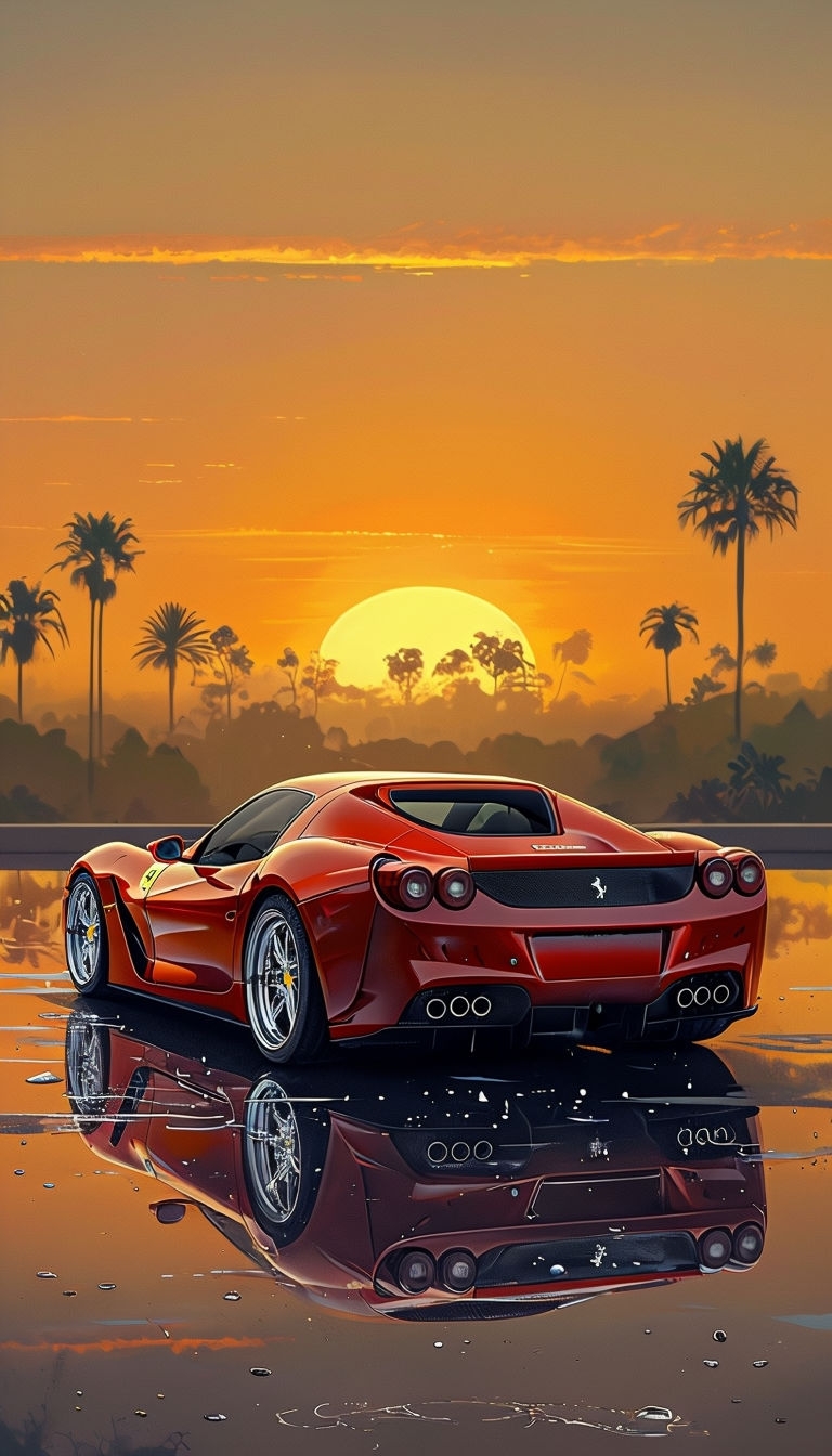 Sleek Red Sports Car Digital Illustration Against Sunset Mobile Wallpaper