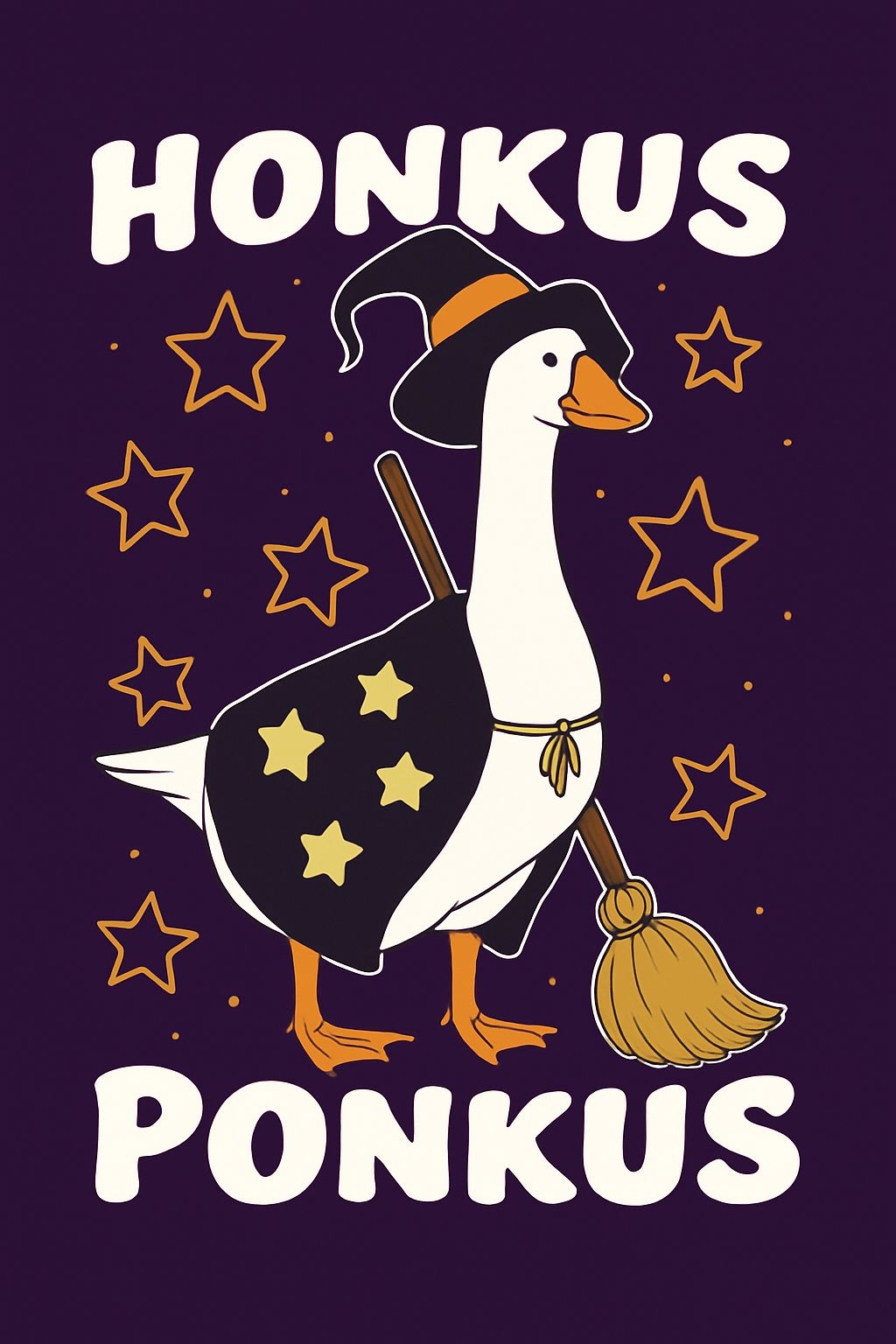 Whimsical Cartoon Duck Witch with Stars and Broomstick Poster