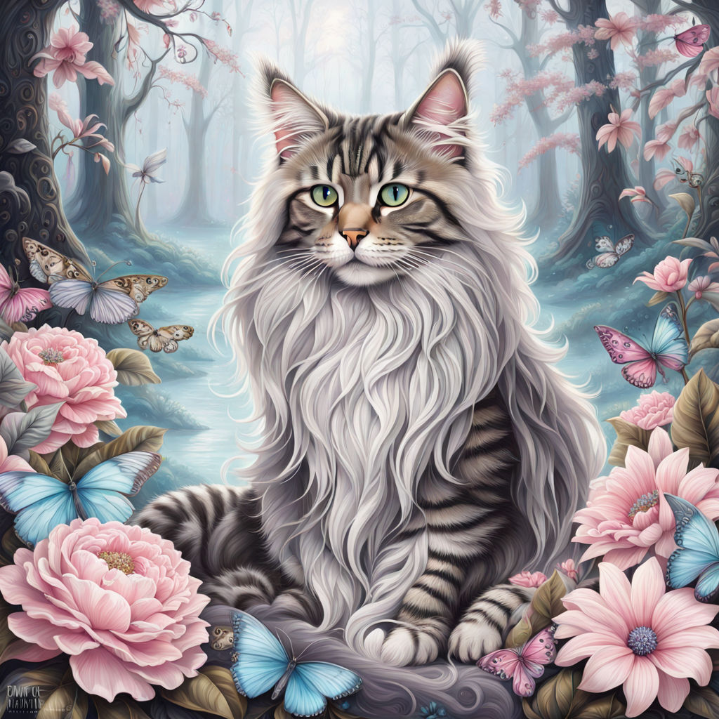 fantastically beautiful gothic museum collection of tropical cat Maine Coon, lies in a magical grey/pink fairytale dreamy forest, white lake
</p>
<p>floor: glossy, white
</p>
<p>background: LightSkyBlueswirl of sparks, fantasy art, ultra detail, hyperrealism, glitter and shimmer, paisley, floral print, fine details, bokeh and shimmering dust, fog, dark world, paint splatter, black/beige, ultra hd, realistic, vivid colors, highly detailed, UHD drawing, pen and ink, perfect composition, beautiful detailed intricate insanely detailed octane render trending on artstation, 8k artistic photography, photorealistic concept art, soft natural volumetric cinematic perfect light