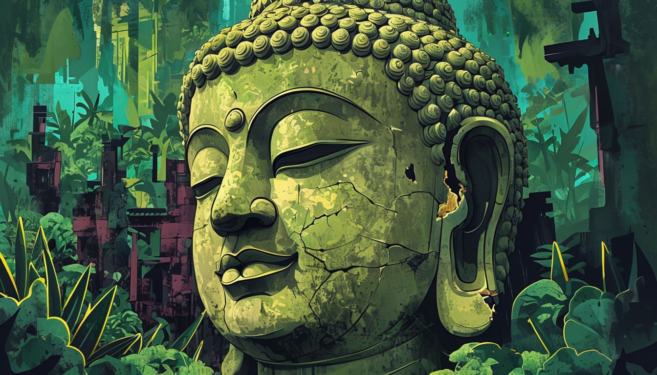 Surreal Green Buddha Statue Close-Up with Lush Background Virtual Backgrounds