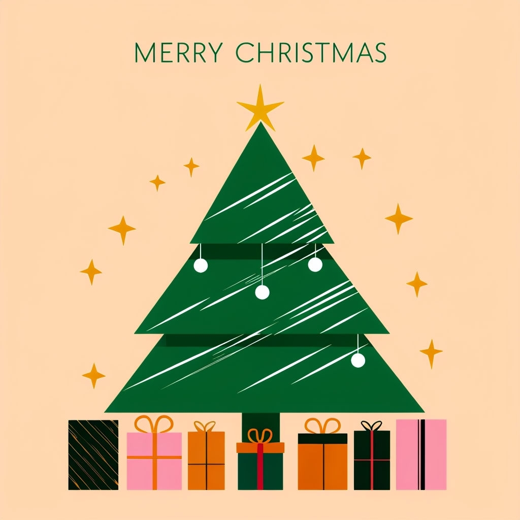 Stylized Christmas Tree with Colorful Gifts and Stars Card