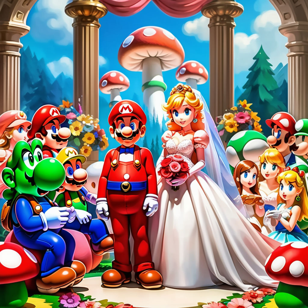 Super Mario Bros standing alongside Princess Peach during their vibrant  nuptials