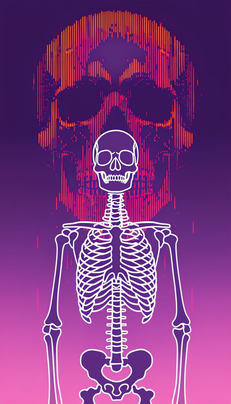 Eerie Neon Skeleton and Abstract Skull Digital Art Mobile Wallpaper