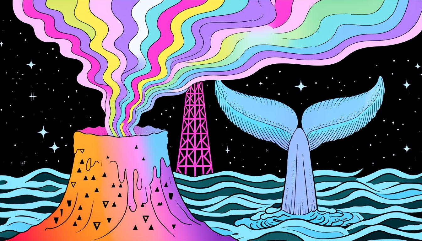 Psychedelic Volcano and Cosmic Whale Illustration Background