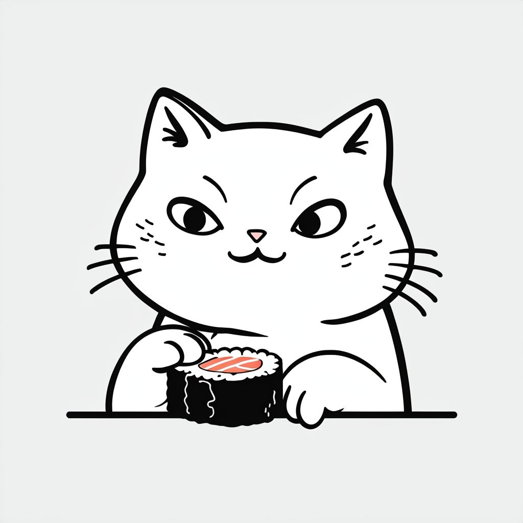 Playful Cat Holding Sushi Minimalist Cartoon T-Shirt