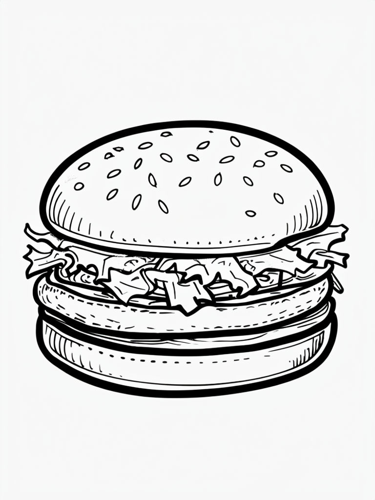 Playful Black and White Hamburger Line Drawing for Coloring Book Pages