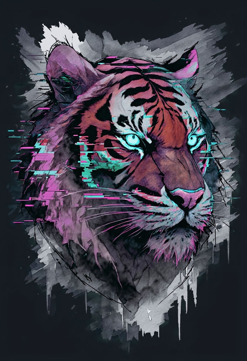 Cyberpunk Tiger Glitch Art Design for Futuristic T-Shirt