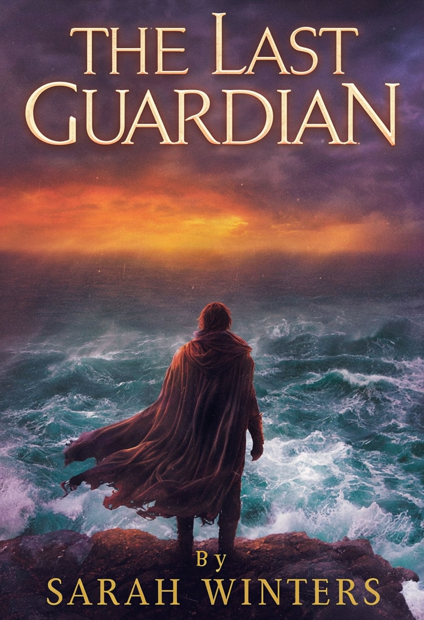 Dramatic 'The Last Guardian' eBook Cover Featuring Stormy Ocean and Fiery Sunset