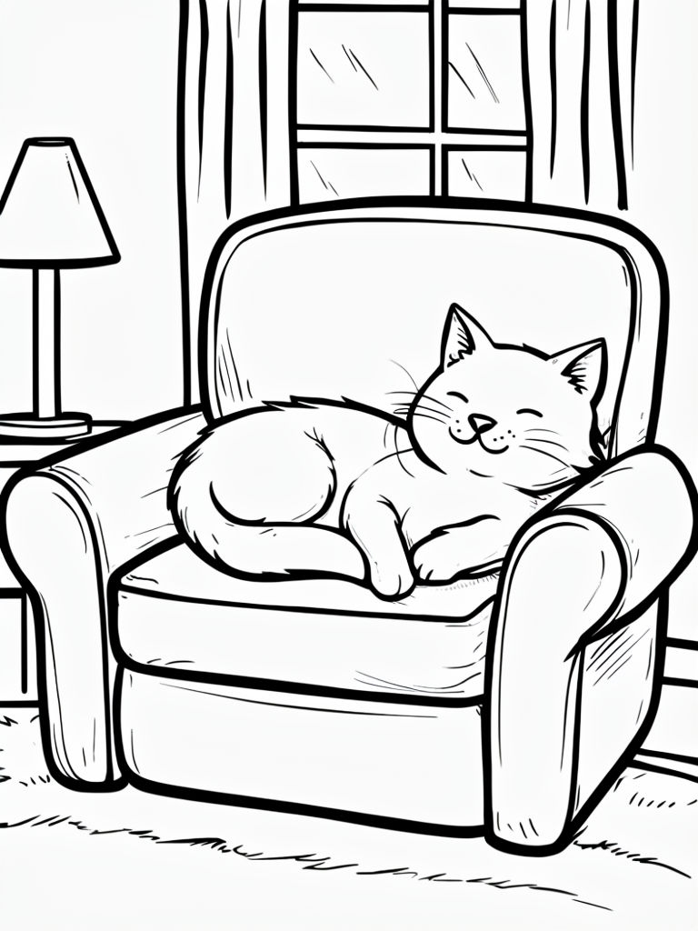 Cozy Cartoon Cat Sleeping in Armchair Coloring Book Page