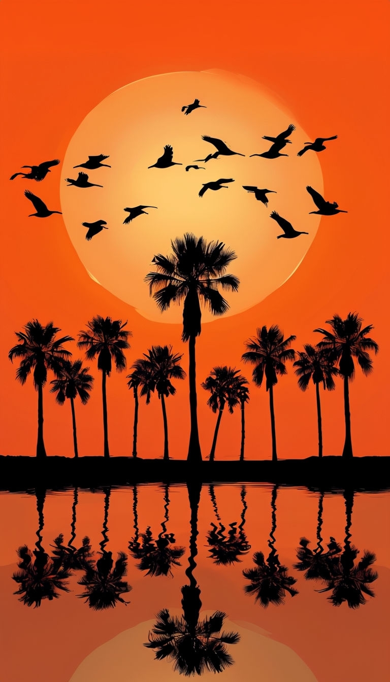 Tranquil Sunset with Silhouetted Palm Trees and Birds Mobile Wallpaper