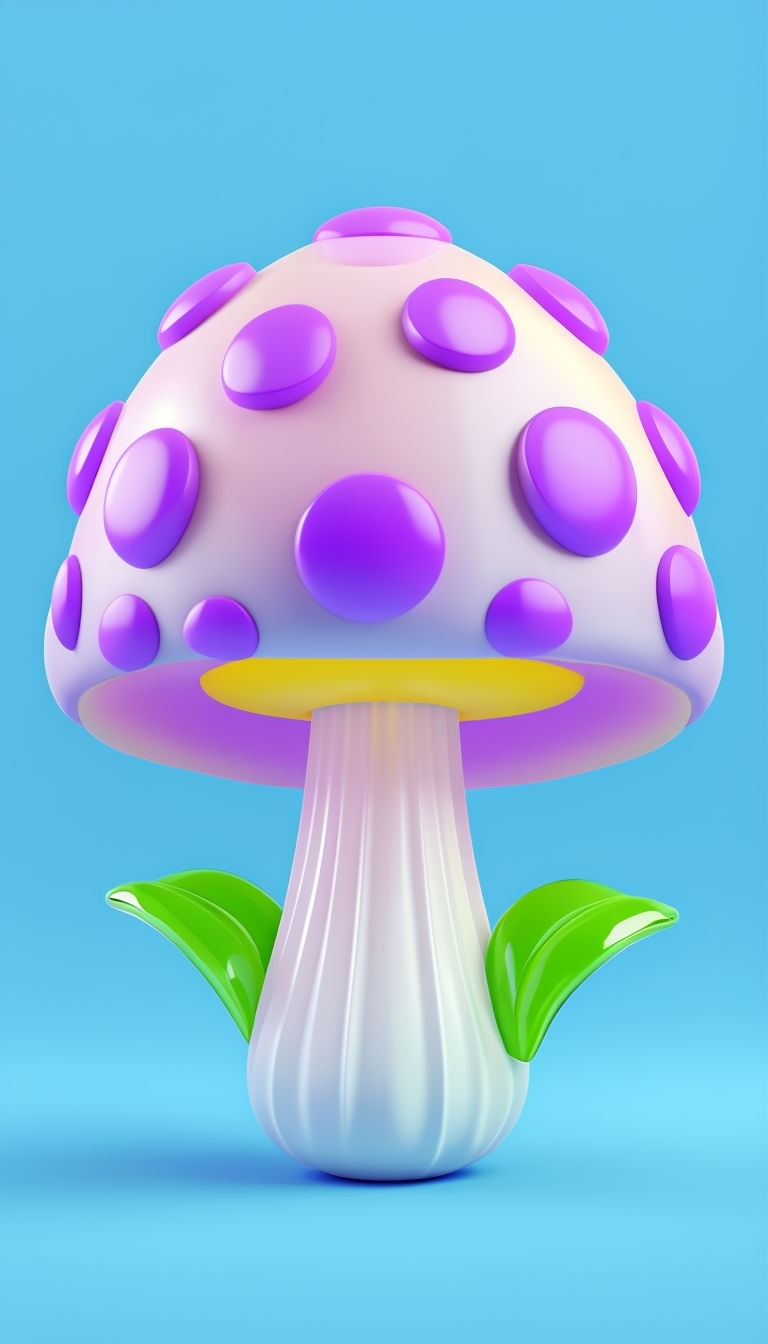 Whimsical 3D Pink Mushroom Illustration with Green Leaves Art