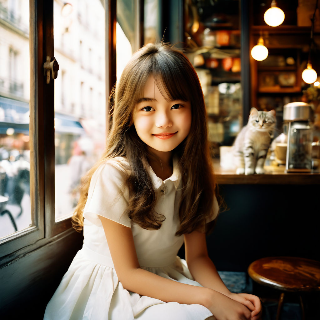 perfect face. Sitting on bench. Wears mismatched patchwork dress mini skirt  and striped stockings