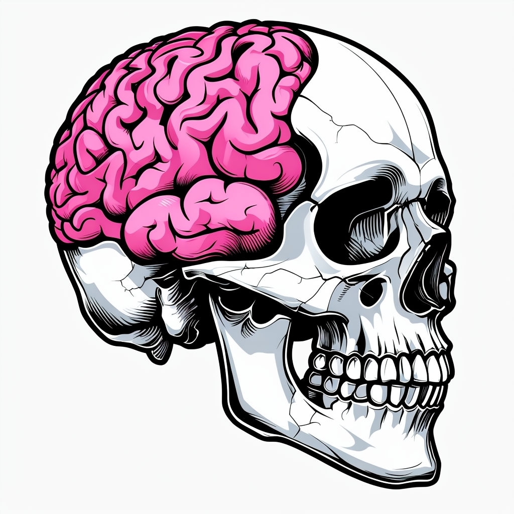 Vibrant Pink Brain Inside Detailed Human Skull Illustration Sticker