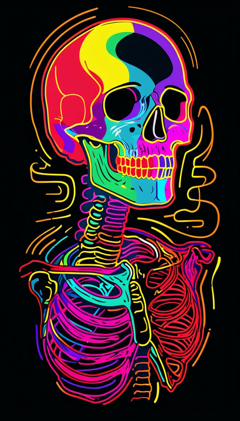 Vibrant Neon Skeletal Figure Illustration on Black Background Mobile Wallpaper