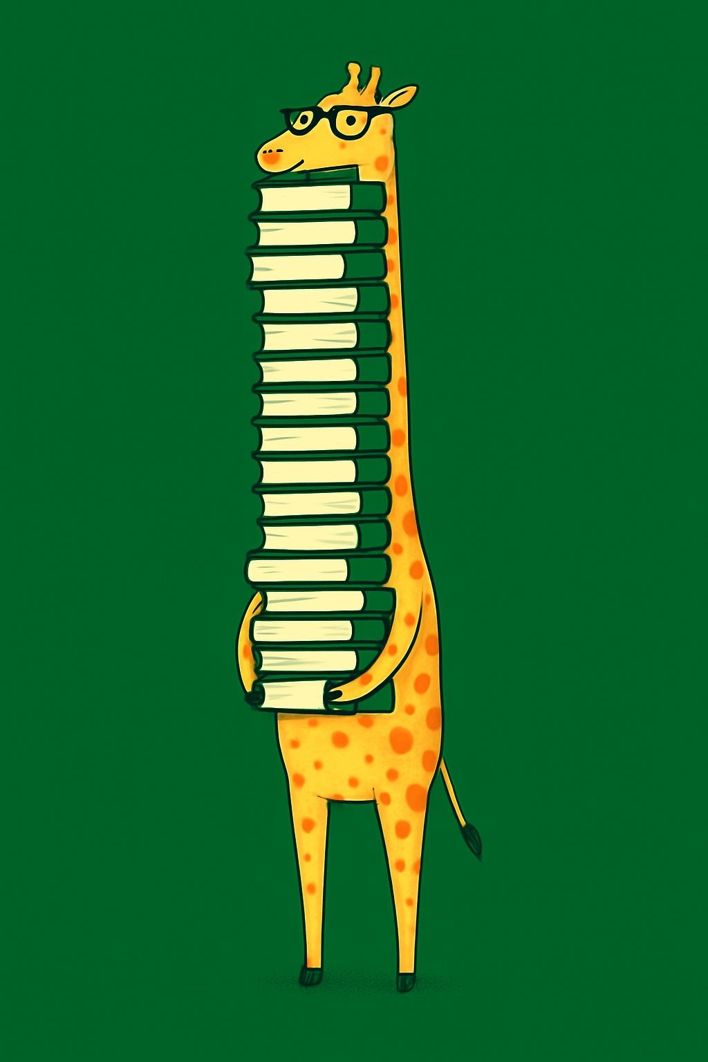 Whimsical Cartoon Giraffe Stacking Books Against Green Background Poster