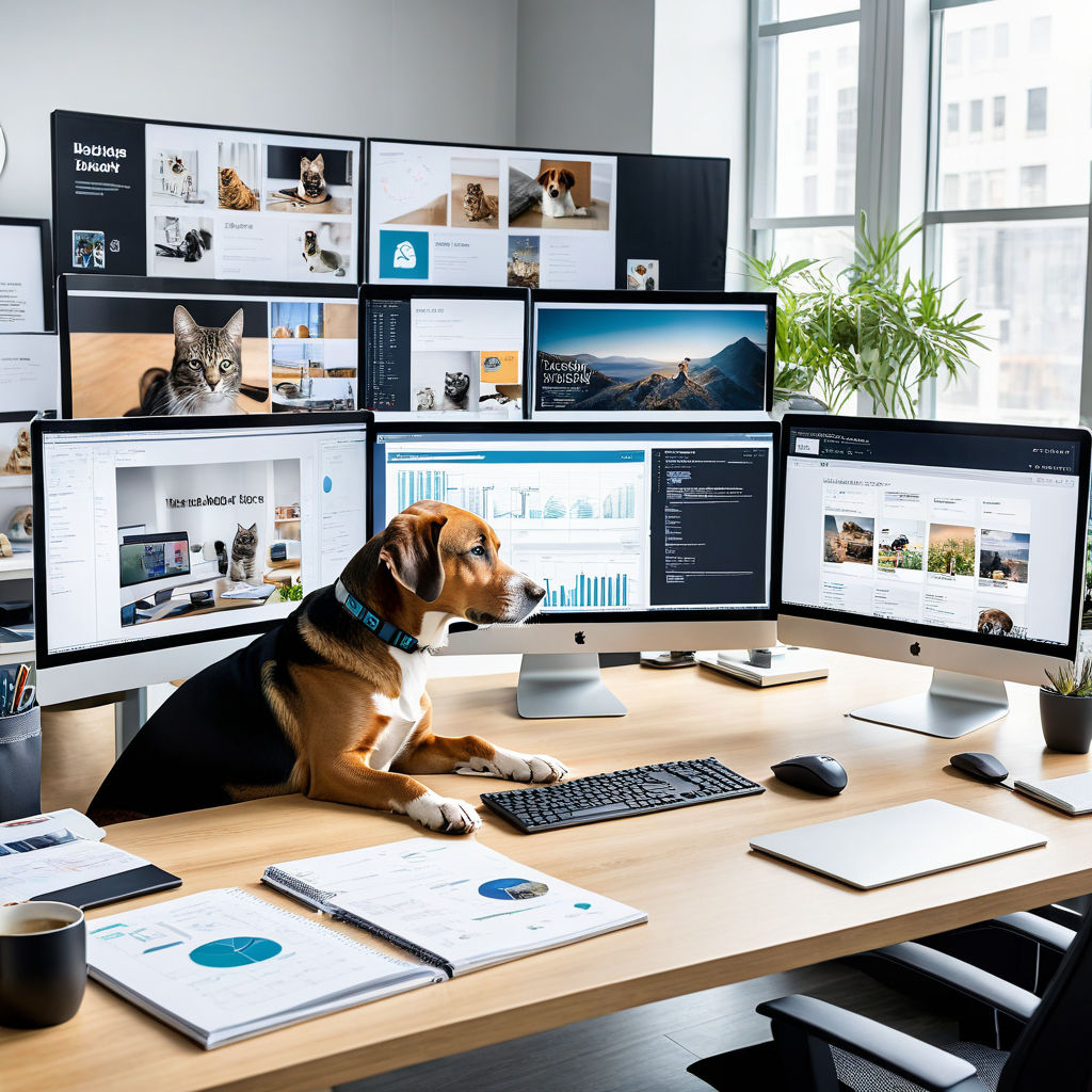 A person working at a desk with a cat, representing a pet influencer managing social media