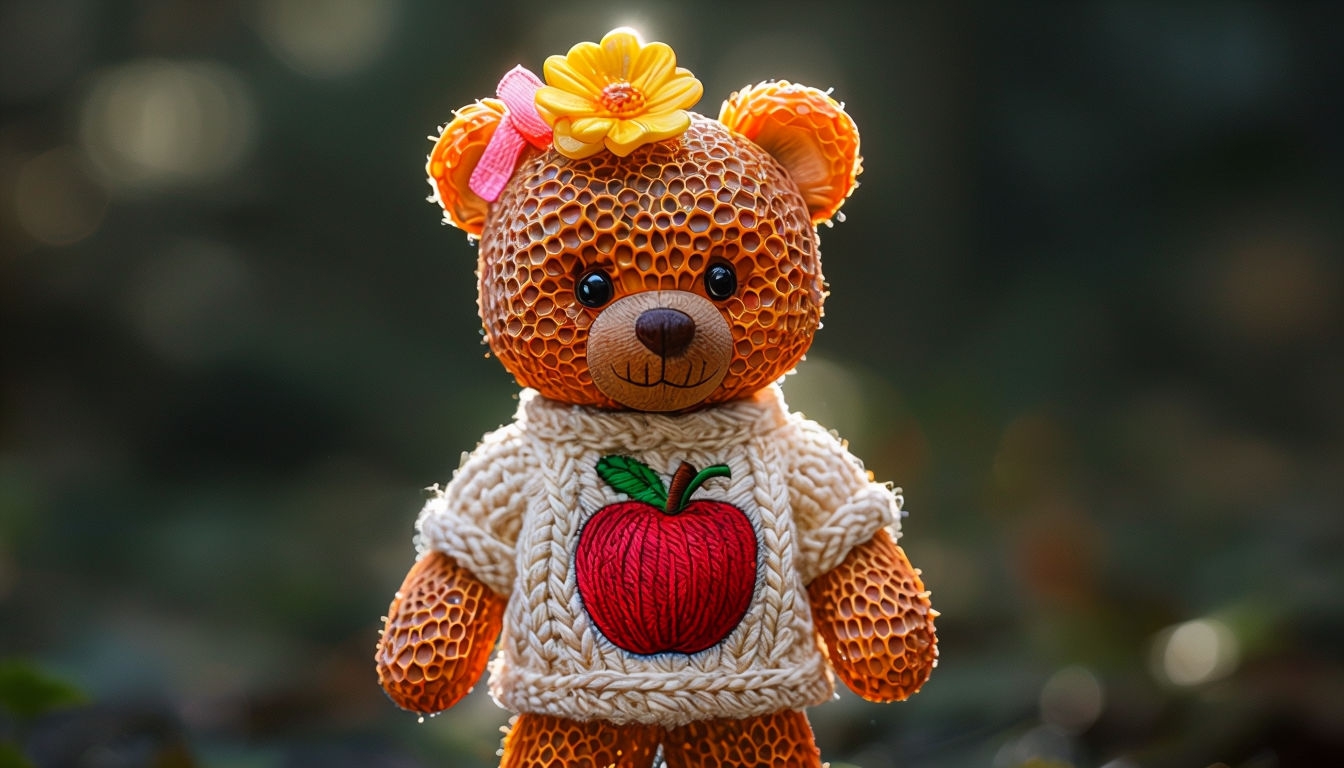 Whimsical Teddy Bear Figurine with Flower and Apple Background