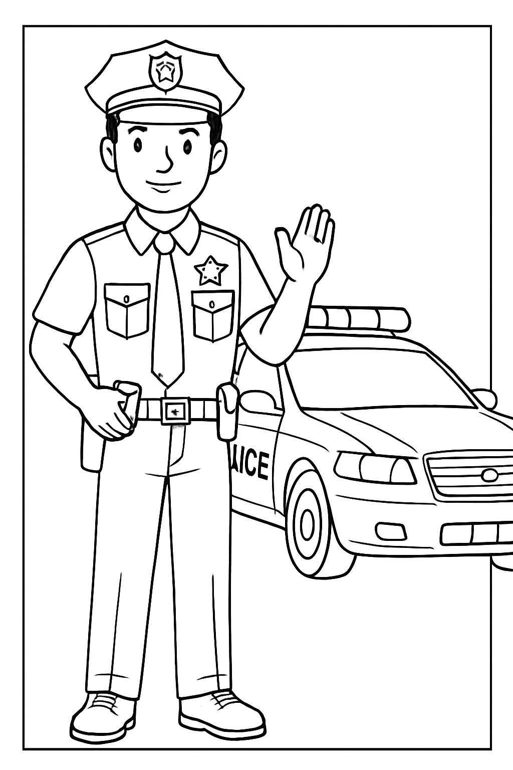 Friendly Police Officer and Patrol Car Line Drawing Coloring Book Pages