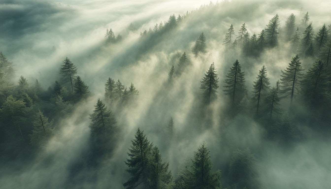 Misty Coniferous Forest Landscape for Virtual Backgrounds