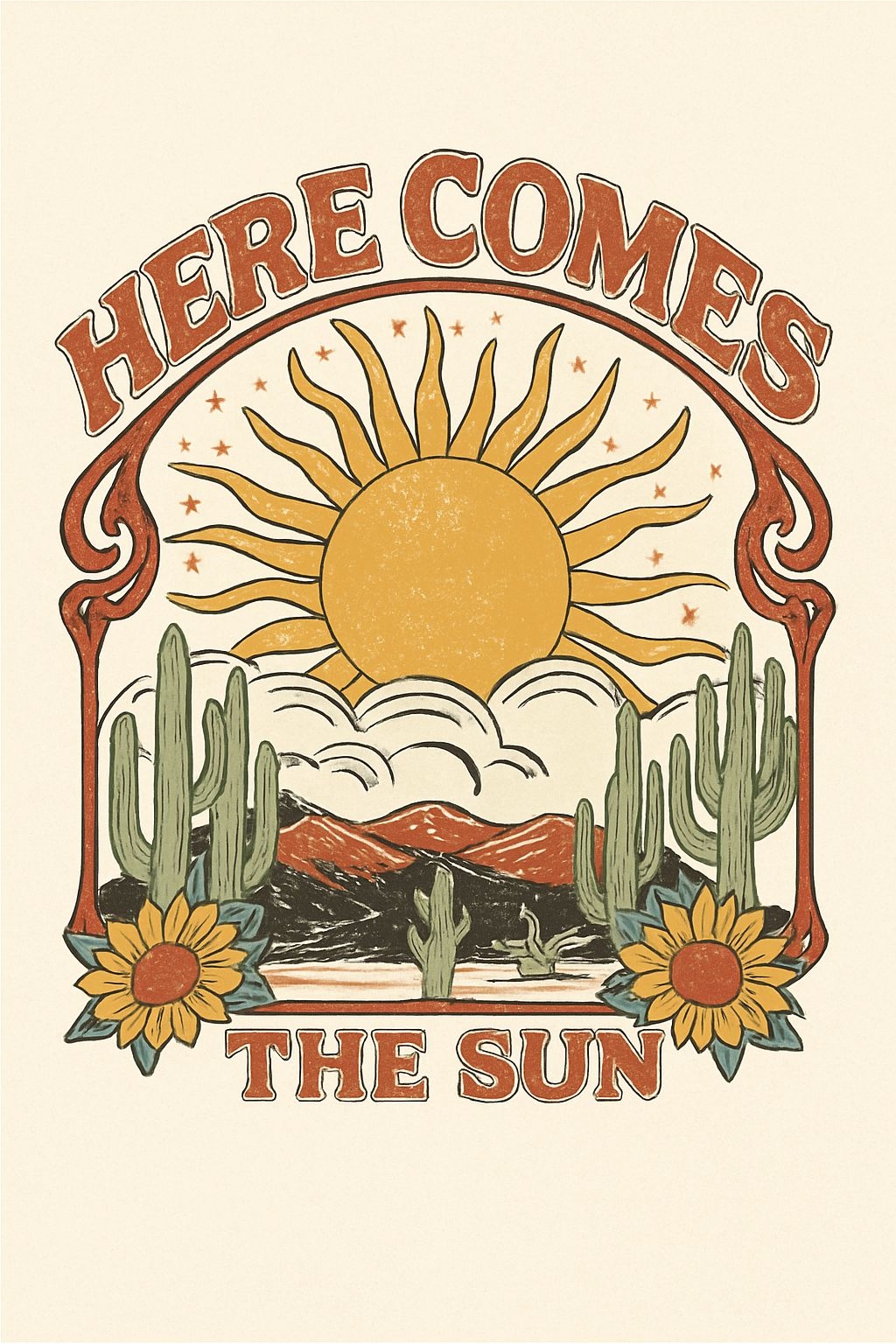 Vintage Sun and Cacti Retro T-Shirt Design