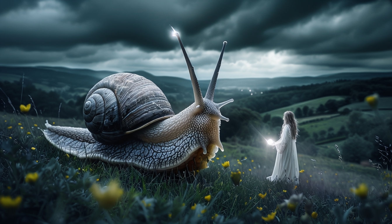 Surreal Fantastical Snail Encounter in Dreamy Landscape Backgrounds