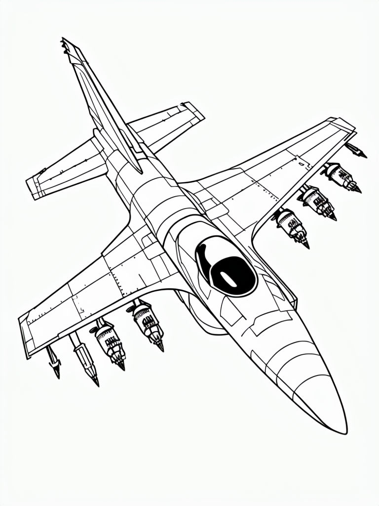 Precise Black Line Art Military Aircraft Coloring Page
