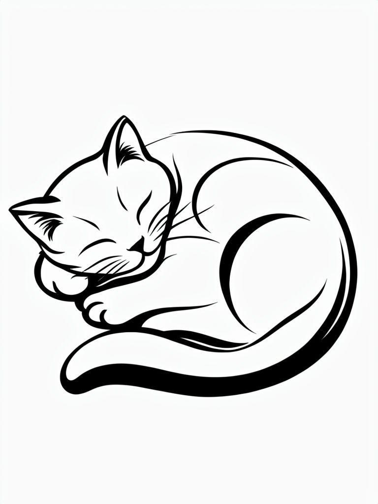 Minimalist Black and White Sleeping Cat Line Drawing Coloring Book Pages