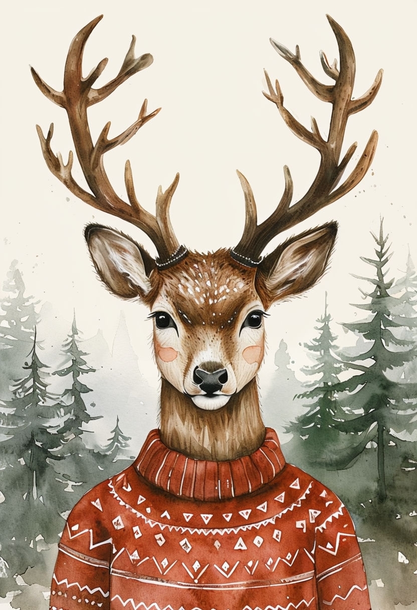 Whimsical Deer in Festive Sweater Watercolor Art for Cozy Vibes Poster